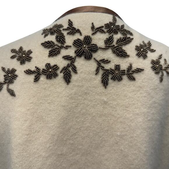 Cardigan Sweater Vintage 1950s Crewneck Cream Women Size S/M Floral Beadwork - Picture 5 of 16